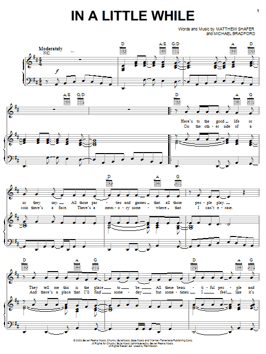 Preview Uncle Kracker In A Little While Pop sheet music, notes and chords for Piano, Vocal & Guitar (Right-Hand Melody), SKU: 22034 sheet music, piano notes, chords, guitar tabs, score, transpose, transcribe, how to play, guide, download, learn, tutorial, progression, song, artist, awards, billboard, mtv, vh1, tour, single, album, release