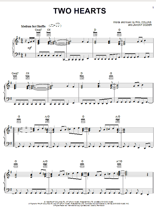 Preview Phil Collins Two Hearts Pop sheet music, notes and chords for Piano, Vocal & Guitar (Right-Hand Melody), SKU: 22065 sheet music, piano notes, chords, guitar tabs, score, transpose, transcribe, how to play, guide, download, learn, tutorial, progression, song, artist, awards, billboard, mtv, vh1, tour, single, album, release