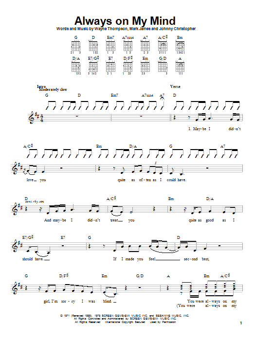 Preview Willie Nelson Always On My Mind Pop sheet music, notes and chords for Guitar with strumming patterns, SKU: 22074 sheet music, piano notes, chords, guitar tabs, score, transpose, transcribe, how to play, guide, download, learn, tutorial, progression, song, artist, awards, billboard, mtv, vh1, tour, single, album, release