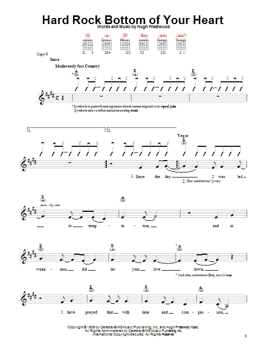 Preview Randy Travis Hard Rock Bottom Of Your Heart Country sheet music, notes and chords for Guitar with strumming patterns, SKU: 22084 sheet music, piano notes, chords, guitar tabs, score, transpose, transcribe, how to play, guide, download, learn, tutorial, progression, song, artist, awards, billboard, mtv, vh1, tour, single, album, release