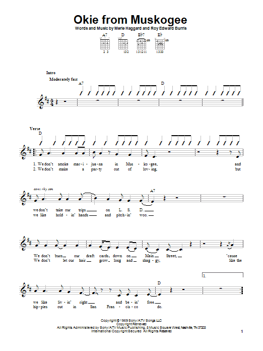 Preview Merle Haggard Okie From Muskogee Country sheet music, notes and chords for Guitar with strumming patterns, SKU: 22089 sheet music, piano notes, chords, guitar tabs, score, transpose, transcribe, how to play, guide, download, learn, tutorial, progression, song, artist, awards, billboard, mtv, vh1, tour, single, album, release