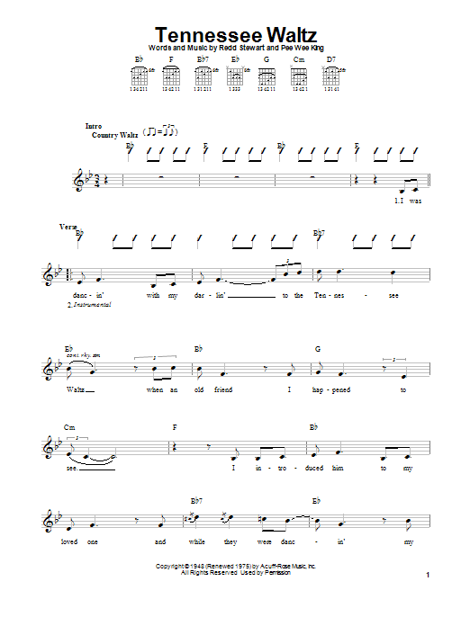 Preview Patti Page Tennessee Waltz Jazz sheet music, notes and chords for Easy Guitar, SKU: 22091 sheet music, piano notes, chords, guitar tabs, score, transpose, transcribe, how to play, guide, download, learn, tutorial, progression, song, artist, awards, billboard, mtv, vh1, tour, single, album, release