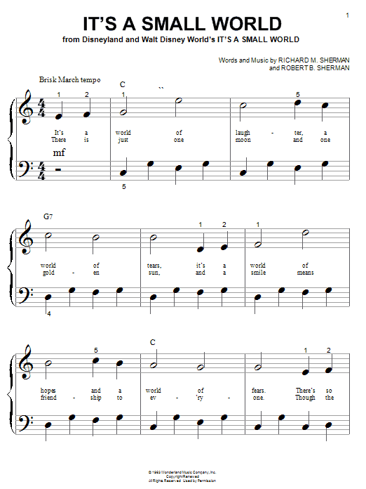 Preview Sherman Brothers It's A Small World Pop sheet music, notes and chords for Piano (Big Notes), SKU: 22109 sheet music, piano notes, chords, guitar tabs, score, transpose, transcribe, how to play, guide, download, learn, tutorial, progression, song, artist, awards, billboard, mtv, vh1, tour, single, album, release