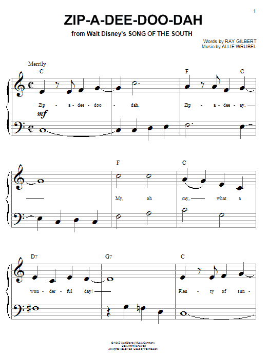 Preview Ray Gilbert Zip-A-Dee-Doo-Dah Children sheet music, notes and chords for Piano (Big Notes), SKU: 22113 sheet music, piano notes, chords, guitar tabs, score, transpose, transcribe, how to play, guide, download, learn, tutorial, progression, song, artist, awards, billboard, mtv, vh1, tour, single, album, release