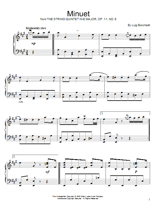 Preview Luigi Boccherini Minuet (from String Quintet in E Major, Op.11 No.5) Classical sheet music, notes and chords for Piano, SKU: 22129 sheet music, piano notes, chords, guitar tabs, score, transpose, transcribe, how to play, guide, download, learn, tutorial, progression, song, artist, awards, billboard, mtv, vh1, tour, single, album, release