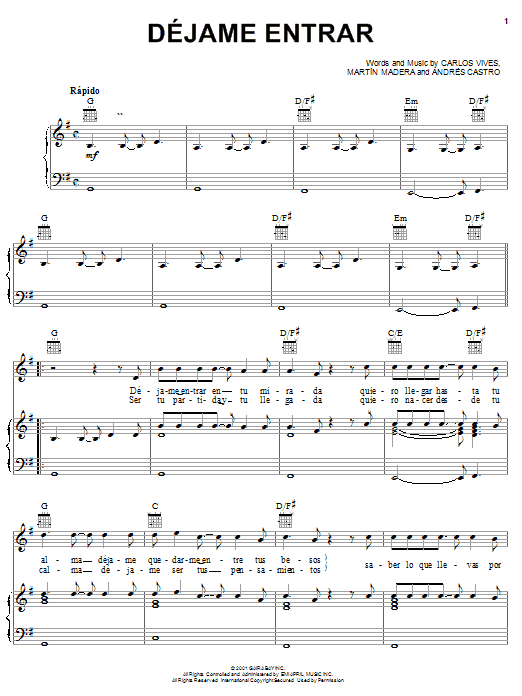 Preview Carlos Vives Déjame Entrar World sheet music, notes and chords for Piano, Vocal & Guitar (Right-Hand Melody), SKU: 22158 sheet music, piano notes, chords, guitar tabs, score, transpose, transcribe, how to play, guide, download, learn, tutorial, progression, song, artist, awards, billboard, mtv, vh1, tour, single, album, release
