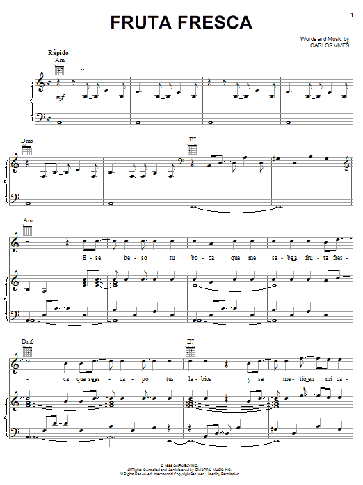 Preview Carlos Vives Fruta Fresca World sheet music, notes and chords for Piano, Vocal & Guitar (Right-Hand Melody), SKU: 22159 sheet music, piano notes, chords, guitar tabs, score, transpose, transcribe, how to play, guide, download, learn, tutorial, progression, song, artist, awards, billboard, mtv, vh1, tour, single, album, release