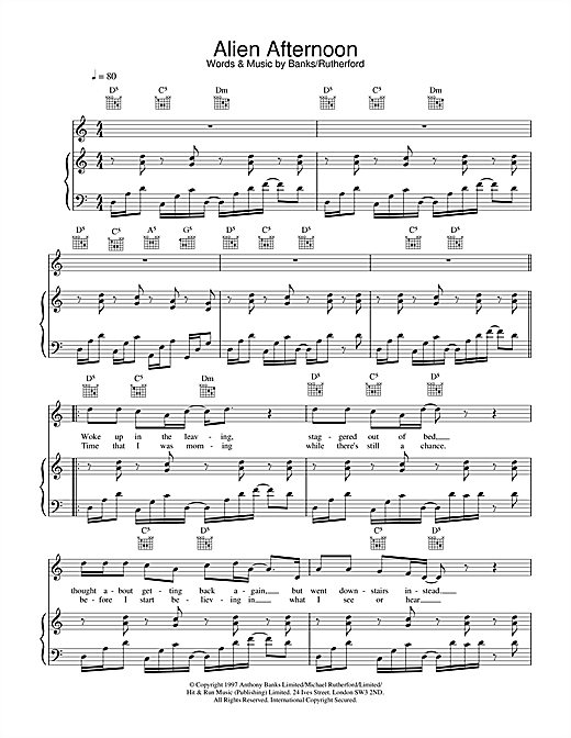 Preview Genesis Alien Afternoon Rock sheet music, notes and chords for Piano, Vocal & Guitar, SKU: 22186 sheet music, piano notes, chords, guitar tabs, score, transpose, transcribe, how to play, guide, download, learn, tutorial, progression, song, artist, awards, billboard, mtv, vh1, tour, single, album, release