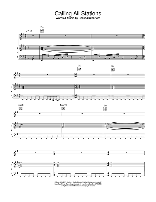 Preview Genesis Calling All Stations Rock sheet music, notes and chords for Piano, Vocal & Guitar, SKU: 22187 sheet music, piano notes, chords, guitar tabs, score, transpose, transcribe, how to play, guide, download, learn, tutorial, progression, song, artist, awards, billboard, mtv, vh1, tour, single, album, release