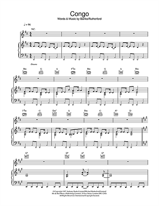 Preview Genesis Congo Rock sheet music, notes and chords for Piano, Vocal & Guitar, SKU: 22188 sheet music, piano notes, chords, guitar tabs, score, transpose, transcribe, how to play, guide, download, learn, tutorial, progression, song, artist, awards, billboard, mtv, vh1, tour, single, album, release