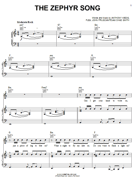 Preview Red Hot Chili Peppers The Zephyr Song Rock sheet music, notes and chords for Piano, Vocal & Guitar (Right-Hand Melody), SKU: 22191 sheet music, piano notes, chords, guitar tabs, score, transpose, transcribe, how to play, guide, download, learn, tutorial, progression, song, artist, awards, billboard, mtv, vh1, tour, single, album, release