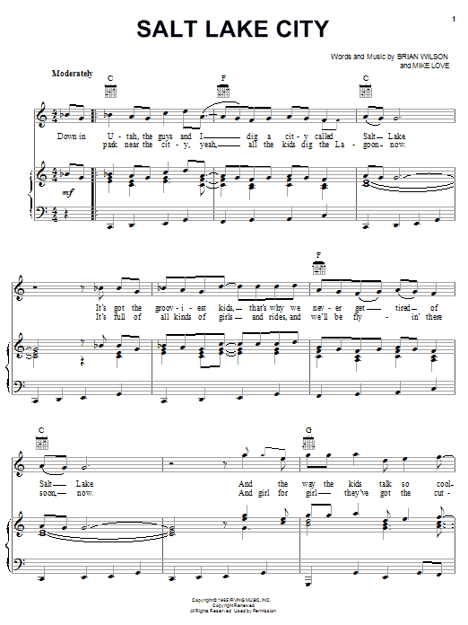 Preview The Beach Boys Salt Lake City Rock sheet music, notes and chords for Piano, Vocal & Guitar (Right-Hand Melody), SKU: 22201 sheet music, piano notes, chords, guitar tabs, score, transpose, transcribe, how to play, guide, download, learn, tutorial, progression, song, artist, awards, billboard, mtv, vh1, tour, single, album, release