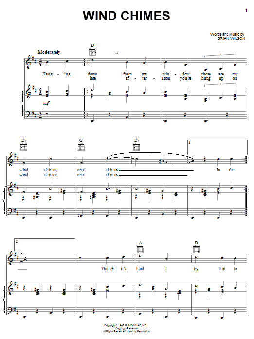 Preview The Beach Boys Wind Chimes Rock sheet music, notes and chords for Piano, Vocal & Guitar (Right-Hand Melody), SKU: 22203 sheet music, piano notes, chords, guitar tabs, score, transpose, transcribe, how to play, guide, download, learn, tutorial, progression, song, artist, awards, billboard, mtv, vh1, tour, single, album, release