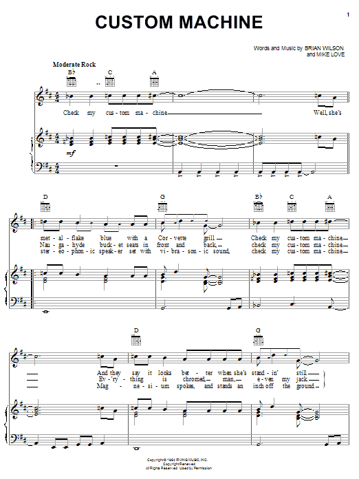 Preview The Beach Boys Custom Machine Rock sheet music, notes and chords for Piano, Vocal & Guitar (Right-Hand Melody), SKU: 22204 sheet music, piano notes, chords, guitar tabs, score, transpose, transcribe, how to play, guide, download, learn, tutorial, progression, song, artist, awards, billboard, mtv, vh1, tour, single, album, release