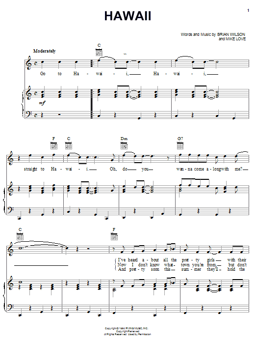 Preview The Beach Boys Hawaii Rock sheet music, notes and chords for Piano, Vocal & Guitar (Right-Hand Melody), SKU: 22207 sheet music, piano notes, chords, guitar tabs, score, transpose, transcribe, how to play, guide, download, learn, tutorial, progression, song, artist, awards, billboard, mtv, vh1, tour, single, album, release