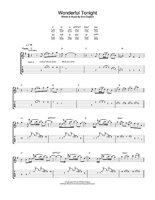 Preview Eric Clapton Wonderful Tonight (from 'The Story Of Us') Pop sheet music, notes and chords for Guitar Tab, SKU: 22215 sheet music, piano notes, chords, guitar tabs, score, transpose, transcribe, how to play, guide, download, learn, tutorial, progression, song, artist, awards, billboard, mtv, vh1, tour, single, album, release