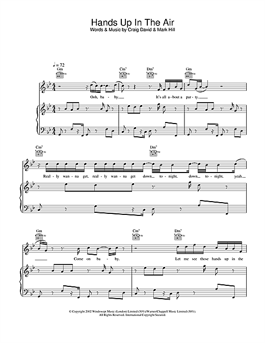 Preview Craig David Hands Up In The Air R & B sheet music, notes and chords for Piano, Vocal & Guitar, SKU: 22244 sheet music, piano notes, chords, guitar tabs, score, transpose, transcribe, how to play, guide, download, learn, tutorial, progression, song, artist, awards, billboard, mtv, vh1, tour, single, album, release