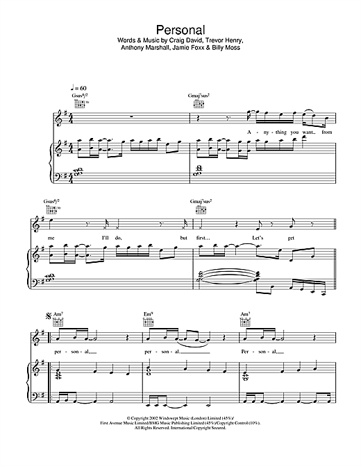 Preview Craig David Personal R & B sheet music, notes and chords for Piano, Vocal & Guitar, SKU: 22246 sheet music, piano notes, chords, guitar tabs, score, transpose, transcribe, how to play, guide, download, learn, tutorial, progression, song, artist, awards, billboard, mtv, vh1, tour, single, album, release