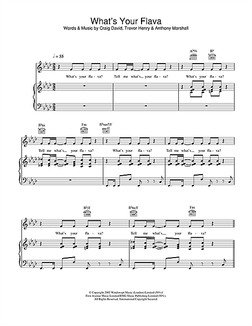 Preview Craig David What's Your Flava R & B sheet music, notes and chords for Piano, Vocal & Guitar, SKU: 22250 sheet music, piano notes, chords, guitar tabs, score, transpose, transcribe, how to play, guide, download, learn, tutorial, progression, song, artist, awards, billboard, mtv, vh1, tour, single, album, release