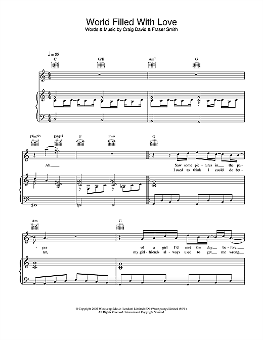 Preview Craig David World Filled With Love R & B sheet music, notes and chords for Piano, Vocal & Guitar, SKU: 22251 World Filled With Love sheet music