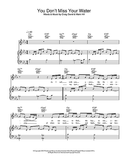 Preview Craig David You Don't Miss Your Water R & B sheet music, notes and chords for Piano, Vocal & Guitar, SKU: 22252 You Don't Miss Your Water sheet music
