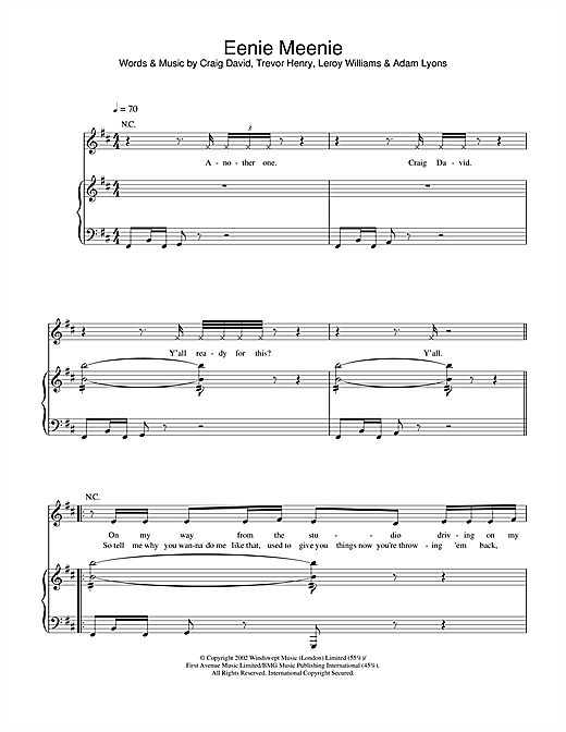 Preview Craig David Eenie Meenie R & B sheet music, notes and chords for Piano, Vocal & Guitar, SKU: 22253 sheet music, piano notes, chords, guitar tabs, score, transpose, transcribe, how to play, guide, download, learn, tutorial, progression, song, artist, awards, billboard, mtv, vh1, tour, single, album, release