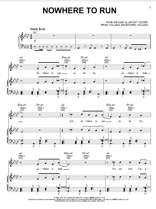 Preview Martha & The Vandellas Nowhere To Run (from Good Morning Vietnam) Pop sheet music, notes and chords for Piano, Vocal & Guitar (Right-Hand Melody), SKU: 22256 sheet music, piano notes, chords, guitar tabs, score, transpose, transcribe, how to play, guide, download, learn, tutorial, progression, song, artist, awards, billboard, mtv, vh1, tour, single, album, release