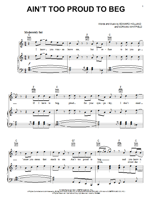 Preview The Temptations Ain't Too Proud To Beg Film and TV sheet music, notes and chords for Piano, Vocal & Guitar (Right-Hand Melody), SKU: 22259 sheet music, piano notes, chords, guitar tabs, score, transpose, transcribe, how to play, guide, download, learn, tutorial, progression, song, artist, awards, billboard, mtv, vh1, tour, single, album, release