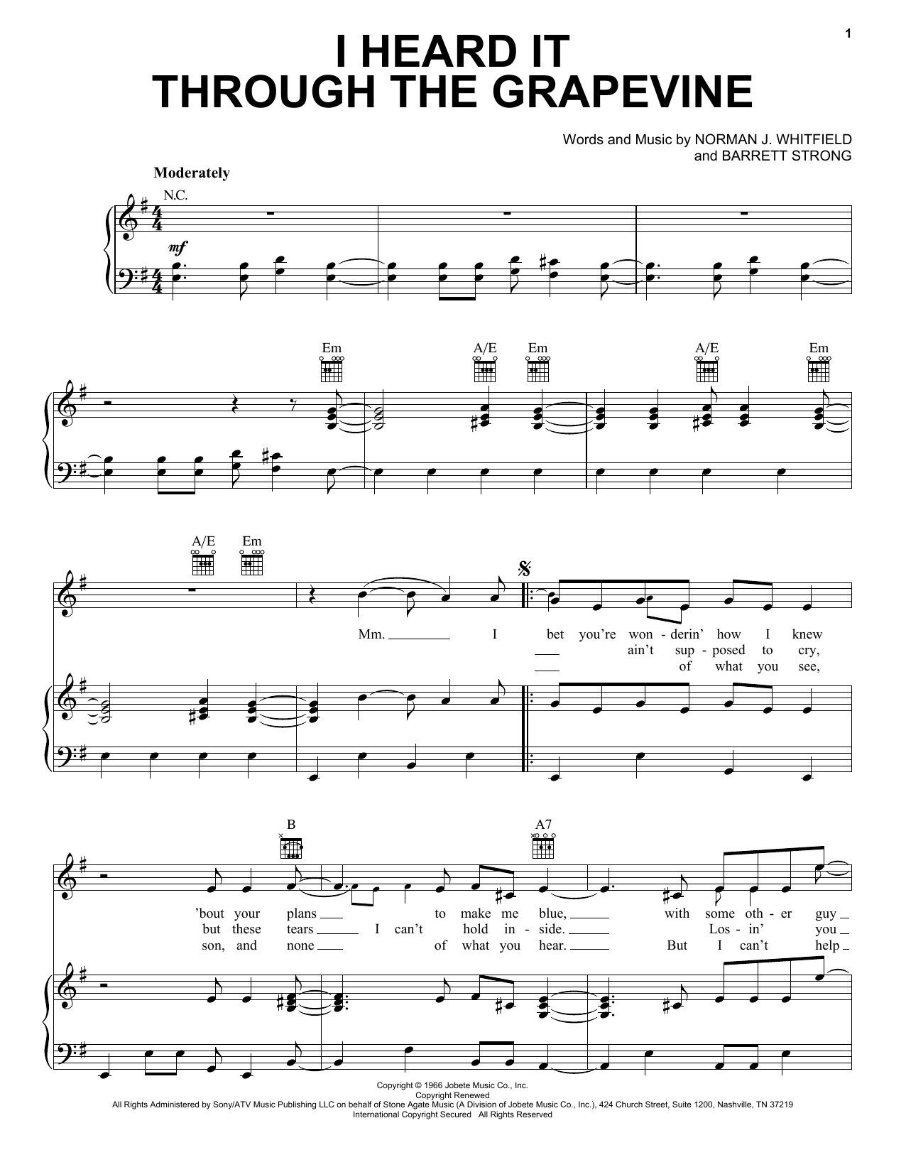 Preview Marvin Gaye I Heard It Through The Grapevine Folk sheet music, notes and chords for Piano, Vocal & Guitar (Right-Hand Melody), SKU: 22271 sheet music, piano notes, chords, guitar tabs, score, transpose, transcribe, how to play, guide, download, learn, tutorial, progression, song, artist, awards, billboard, mtv, vh1, tour, single, album, release