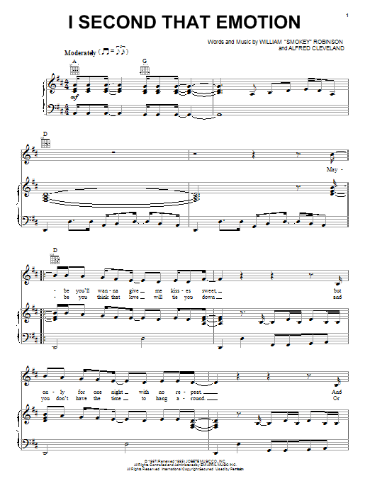 Preview Smokey Robinson & The Miracles I Second That Emotion Rock sheet music, notes and chords for Piano, Vocal & Guitar (Right-Hand Melody), SKU: 22272 sheet music, piano notes, chords, guitar tabs, score, transpose, transcribe, how to play, guide, download, learn, tutorial, progression, song, artist, awards, billboard, mtv, vh1, tour, single, album, release