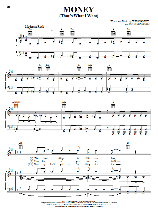 Preview The Beatles Money (That's What I Want) Rock sheet music, notes and chords for Piano, Vocal & Guitar (Right-Hand Melody), SKU: 22275 sheet music, piano notes, chords, guitar tabs, score, transpose, transcribe, how to play, guide, download, learn, tutorial, progression, song, artist, awards, billboard, mtv, vh1, tour, single, album, release