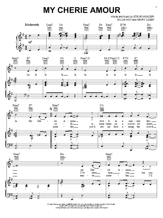 Preview Stevie Wonder My Cherie Amour Pop sheet music, notes and chords for Piano, Vocal & Guitar (Right-Hand Melody), SKU: 22276 sheet music, piano notes, chords, guitar tabs, score, transpose, transcribe, how to play, guide, download, learn, tutorial, progression, song, artist, awards, billboard, mtv, vh1, tour, single, album, release