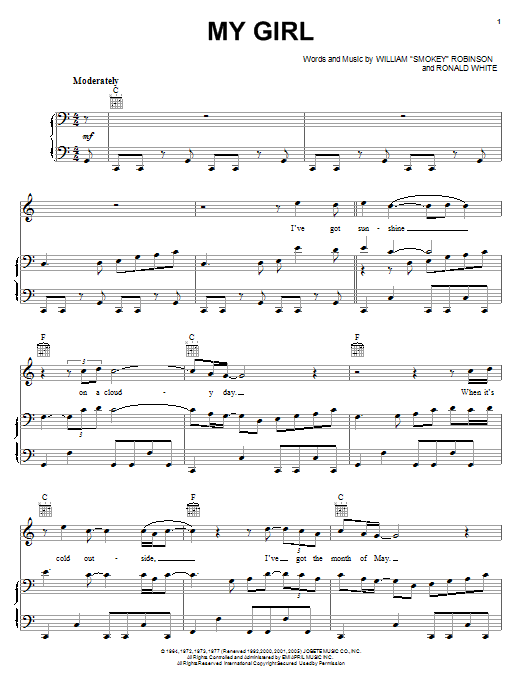 Preview The Temptations My Girl Folk sheet music, notes and chords for Piano, Vocal & Guitar (Right-Hand Melody), SKU: 22277 sheet music, piano notes, chords, guitar tabs, score, transpose, transcribe, how to play, guide, download, learn, tutorial, progression, song, artist, awards, billboard, mtv, vh1, tour, single, album, release