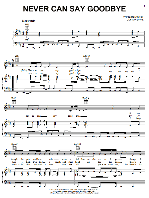 Preview The Jackson 5 Never Can Say Goodbye Pop sheet music, notes and chords for Piano, Vocal & Guitar (Right-Hand Melody), SKU: 22279 sheet music, piano notes, chords, guitar tabs, score, transpose, transcribe, how to play, guide, download, learn, tutorial, progression, song, artist, awards, billboard, mtv, vh1, tour, single, album, release