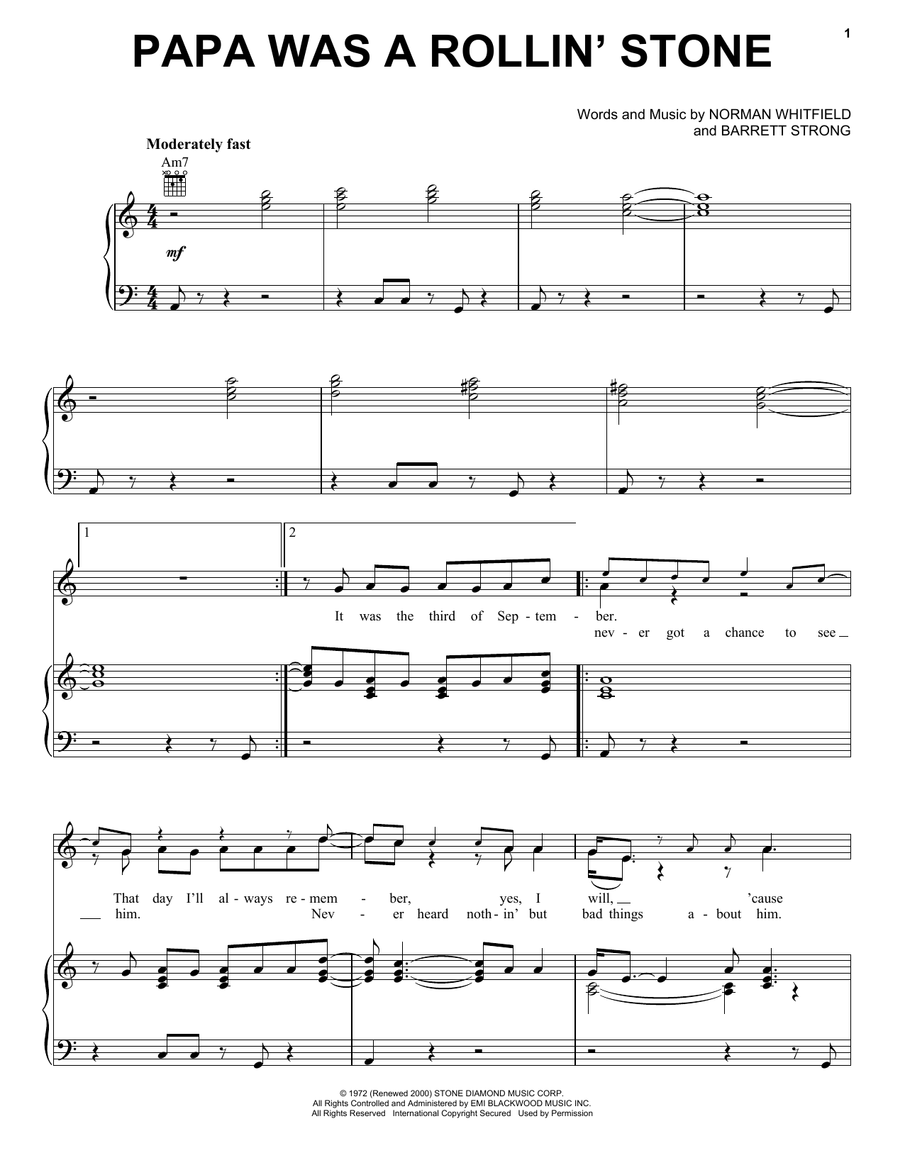 Preview The Temptations Papa Was A Rollin' Stone Pop sheet music, notes and chords for Piano, Vocal & Guitar (Right-Hand Melody), SKU: 22280 sheet music, piano notes, chords, guitar tabs, score, transpose, transcribe, how to play, guide, download, learn, tutorial, progression, song, artist, awards, billboard, mtv, vh1, tour, single, album, release