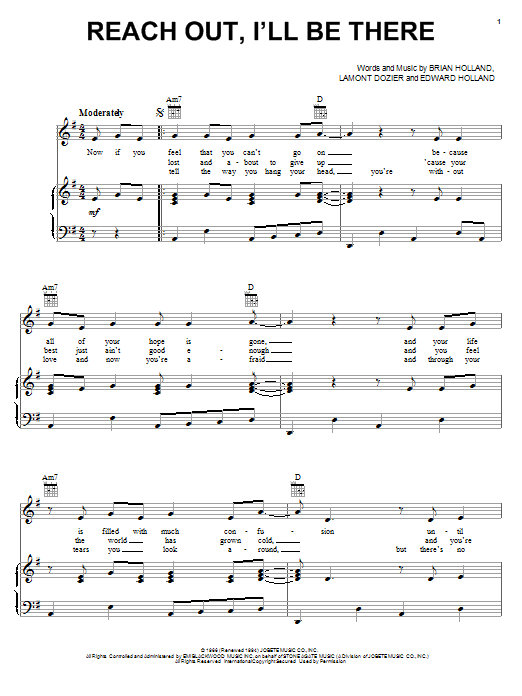 Preview The Four Tops Reach Out, I'll Be There Pop sheet music, notes and chords for Piano, Vocal & Guitar (Right-Hand Melody), SKU: 22282 sheet music, piano notes, chords, guitar tabs, score, transpose, transcribe, how to play, guide, download, learn, tutorial, progression, song, artist, awards, billboard, mtv, vh1, tour, single, album, release