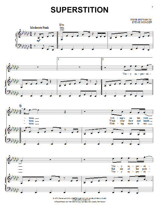 Preview Stevie Wonder Superstition Rock sheet music, notes and chords for Piano, Vocal & Guitar (Right-Hand Melody), SKU: 22289 sheet music, piano notes, chords, guitar tabs, score, transpose, transcribe, how to play, guide, download, learn, tutorial, progression, song, artist, awards, billboard, mtv, vh1, tour, single, album, release