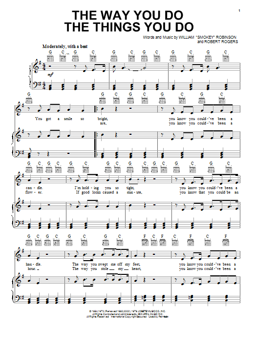 Preview The Temptations The Way You Do The Things You Do Rock sheet music, notes and chords for Piano, Vocal & Guitar (Right-Hand Melody), SKU: 22291 sheet music, piano notes, chords, guitar tabs, score, transpose, transcribe, how to play, guide, download, learn, tutorial, progression, song, artist, awards, billboard, mtv, vh1, tour, single, album, release