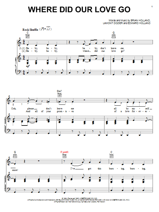 Preview The Supremes Where Did Our Love Go Pop sheet music, notes and chords for Piano, Vocal & Guitar (Right-Hand Melody), SKU: 22292 sheet music, piano notes, chords, guitar tabs, score, transpose, transcribe, how to play, guide, download, learn, tutorial, progression, song, artist, awards, billboard, mtv, vh1, tour, single, album, release