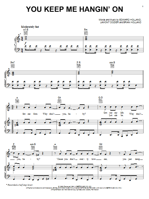 Preview The Supremes You Keep Me Hangin' On Film and TV sheet music, notes and chords for Piano, Vocal & Guitar (Right-Hand Melody), SKU: 22296 sheet music, piano notes, chords, guitar tabs, score, transpose, transcribe, how to play, guide, download, learn, tutorial, progression, song, artist, awards, billboard, mtv, vh1, tour, single, album, release