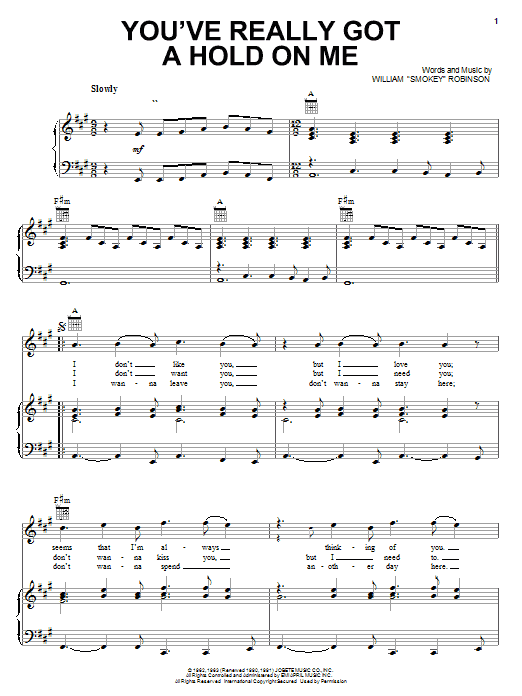Preview Smokey Robinson & The Miracles You've Really Got A Hold On Me Rock sheet music, notes and chords for Piano, Vocal & Guitar (Right-Hand Melody), SKU: 22297 sheet music, piano notes, chords, guitar tabs, score, transpose, transcribe, how to play, guide, download, learn, tutorial, progression, song, artist, awards, billboard, mtv, vh1, tour, single, album, release