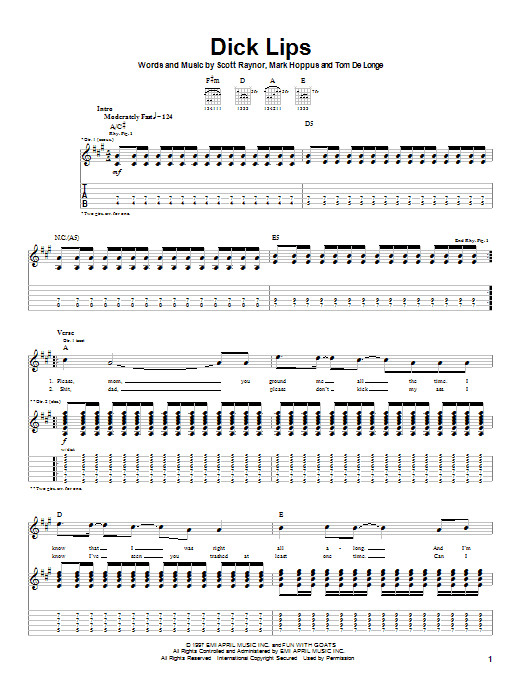 Preview Blink-182 Dick Lips Rock sheet music, notes and chords for Guitar Tab, SKU: 22329 sheet music, piano notes, chords, guitar tabs, score, transpose, transcribe, how to play, guide, download, learn, tutorial, progression, song, artist, awards, billboard, mtv, vh1, tour, single, album, release