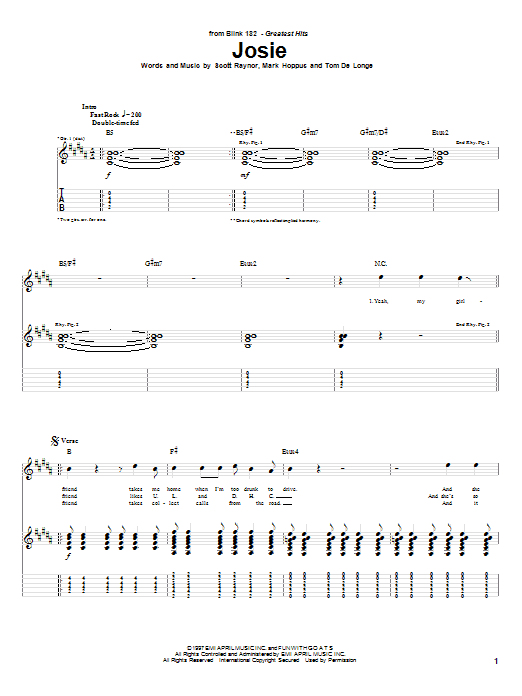 Preview Blink-182 Josie Rock sheet music, notes and chords for Guitar Tab, SKU: 22335 sheet music, piano notes, chords, guitar tabs, score, transpose, transcribe, how to play, guide, download, learn, tutorial, progression, song, artist, awards, billboard, mtv, vh1, tour, single, album, release
