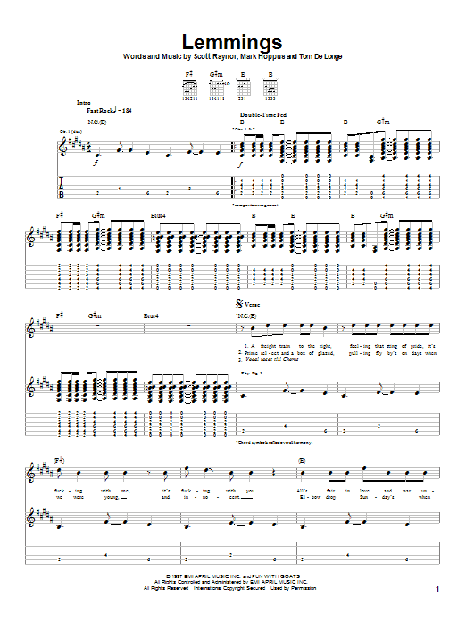 Preview Blink-182 Lemmings Rock sheet music, notes and chords for Guitar Tab, SKU: 22338 sheet music, piano notes, chords, guitar tabs, score, transpose, transcribe, how to play, guide, download, learn, tutorial, progression, song, artist, awards, billboard, mtv, vh1, tour, single, album, release