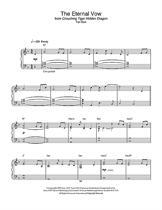 Preview Tan Dun The Eternal Vow from Crouching Tiger, Hidden Dragon Film and TV sheet music, notes and chords for Piano, SKU: 22394 The Eternal Vow from Crouching Tiger, Hidden Dragon sheet music
