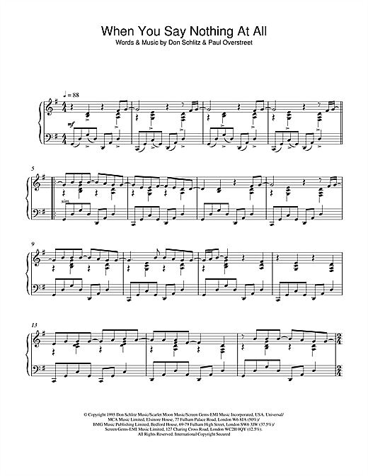 Preview Ronan Keating When You Say Nothing At All Pop sheet music, notes and chords for Piano, SKU: 22396 sheet music, piano notes, chords, guitar tabs, score, transpose, transcribe, how to play, guide, download, learn, tutorial, progression, song, artist, awards, billboard, mtv, vh1, tour, single, album, release