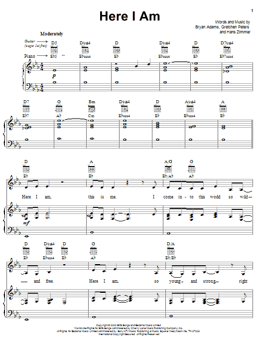 Preview Bryan Adams Here I Am (from Spirit: Stallion Of The Cimarron) Pop sheet music, notes and chords for Piano, Vocal & Guitar (Right-Hand Melody), SKU: 22401 sheet music, piano notes, chords, guitar tabs, score, transpose, transcribe, how to play, guide, download, learn, tutorial, progression, song, artist, awards, billboard, mtv, vh1, tour, single, album, release