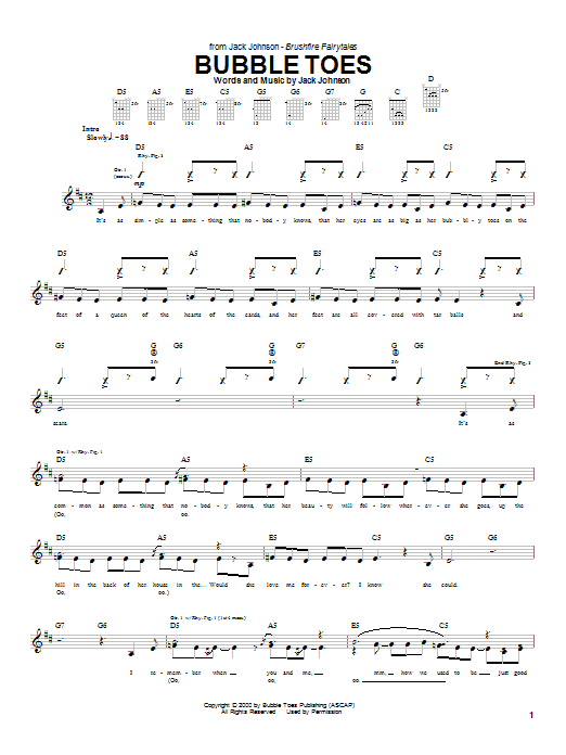 Preview Jack Johnson Bubble Toes Pop sheet music, notes and chords for Guitar Tab, SKU: 22403 sheet music, piano notes, chords, guitar tabs, score, transpose, transcribe, how to play, guide, download, learn, tutorial, progression, song, artist, awards, billboard, mtv, vh1, tour, single, album, release