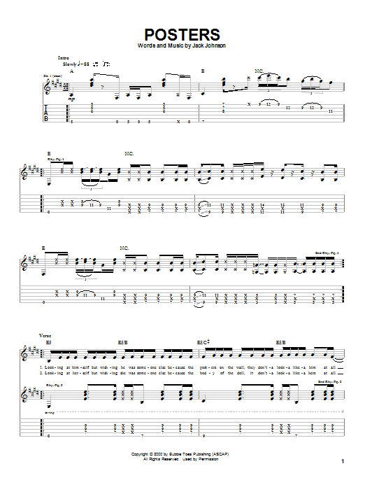 Preview Jack Johnson Posters Rock sheet music, notes and chords for Guitar Tab, SKU: 22413 sheet music, piano notes, chords, guitar tabs, score, transpose, transcribe, how to play, guide, download, learn, tutorial, progression, song, artist, awards, billboard, mtv, vh1, tour, single, album, release