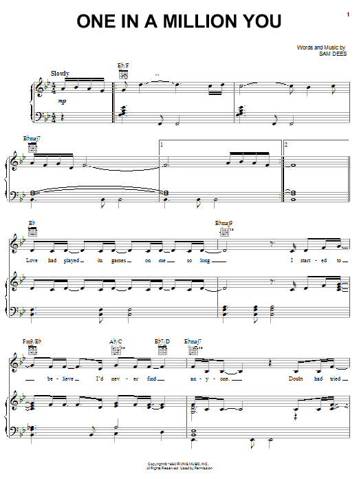 Preview Larry Graham One In A Million You Weddings sheet music, notes and chords for Piano, Vocal & Guitar (Right-Hand Melody), SKU: 22434 sheet music, piano notes, chords, guitar tabs, score, transpose, transcribe, how to play, guide, download, learn, tutorial, progression, song, artist, awards, billboard, mtv, vh1, tour, single, album, release
